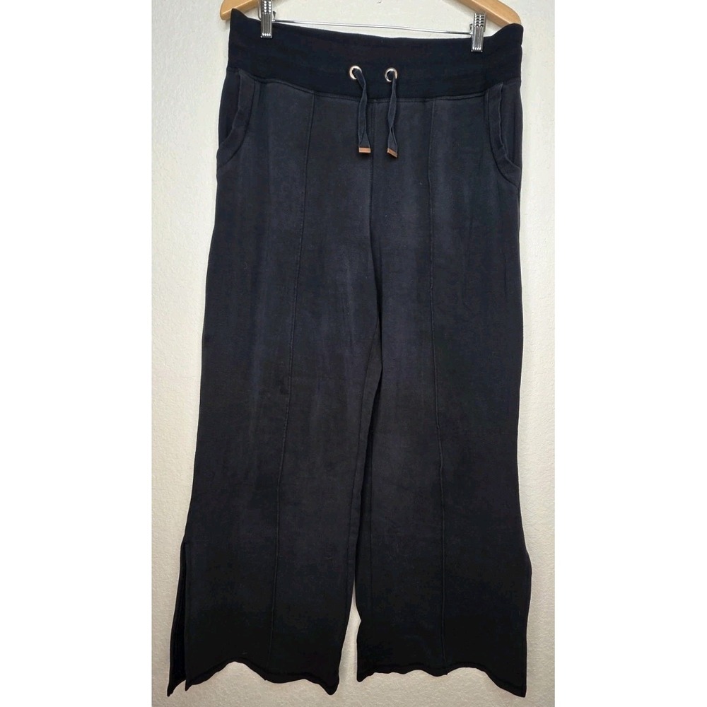 ATHLETA Sierra Wide Loose Slit Hem Ankle Black Stretchy Soft Sweat Pant Women L